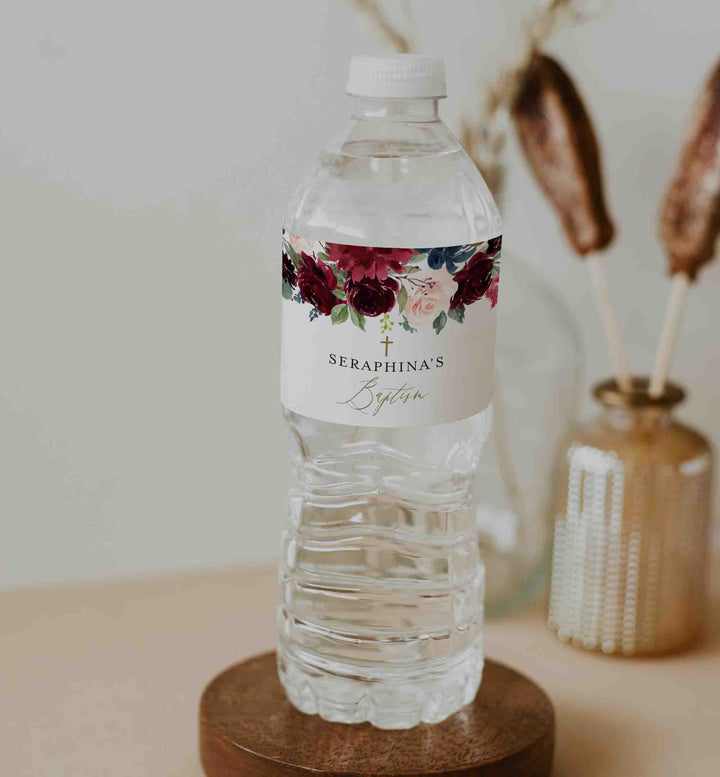 Burgundy Navy Baptism Water Bottle Label Printable