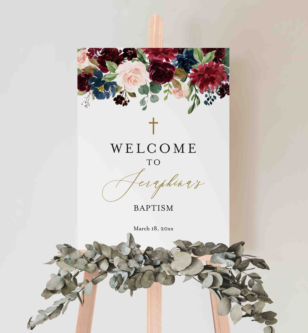 Burgundy Navy Baptism Welcome Sign Printable