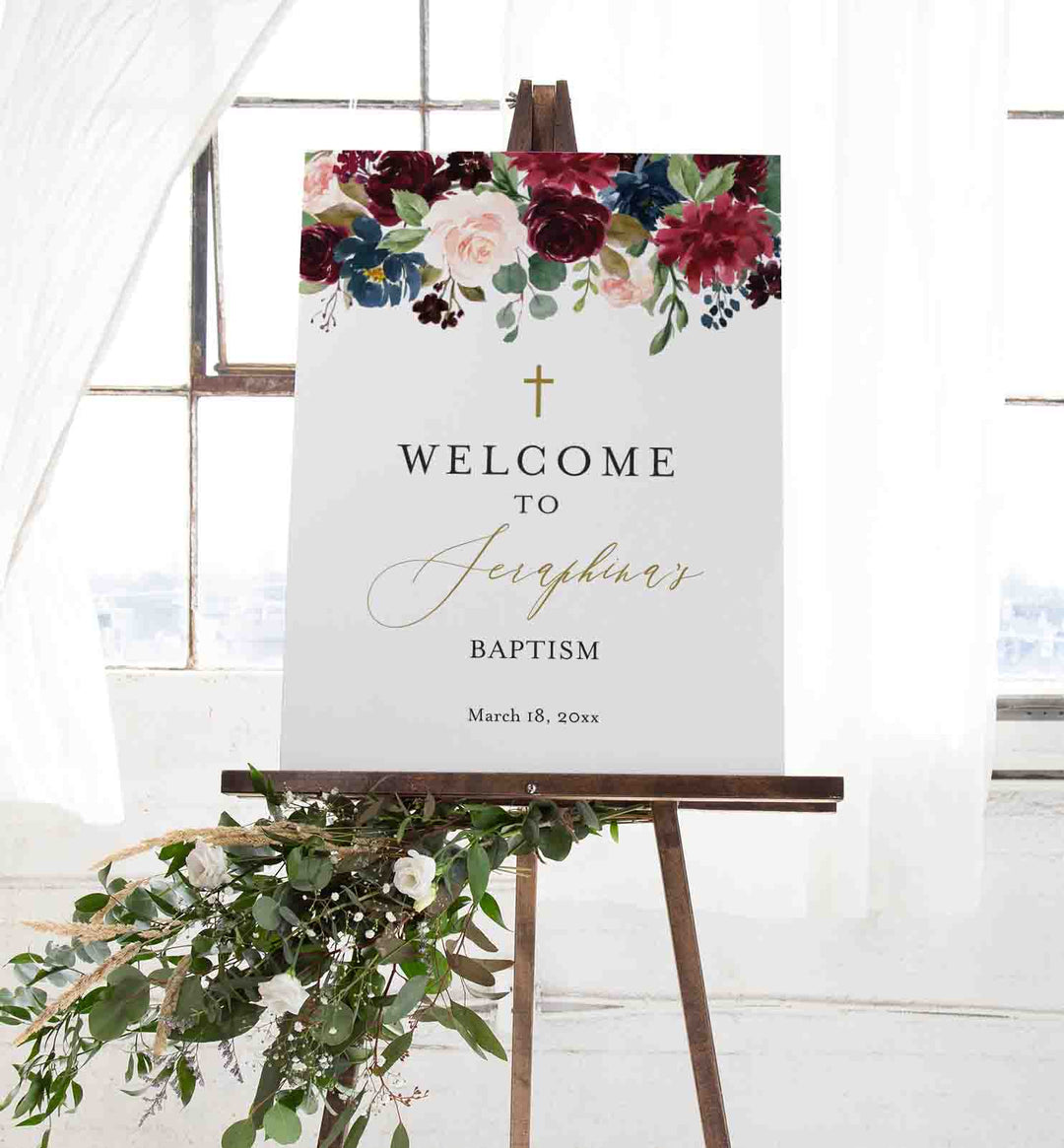 Burgundy Navy Baptism Welcome Sign Printable