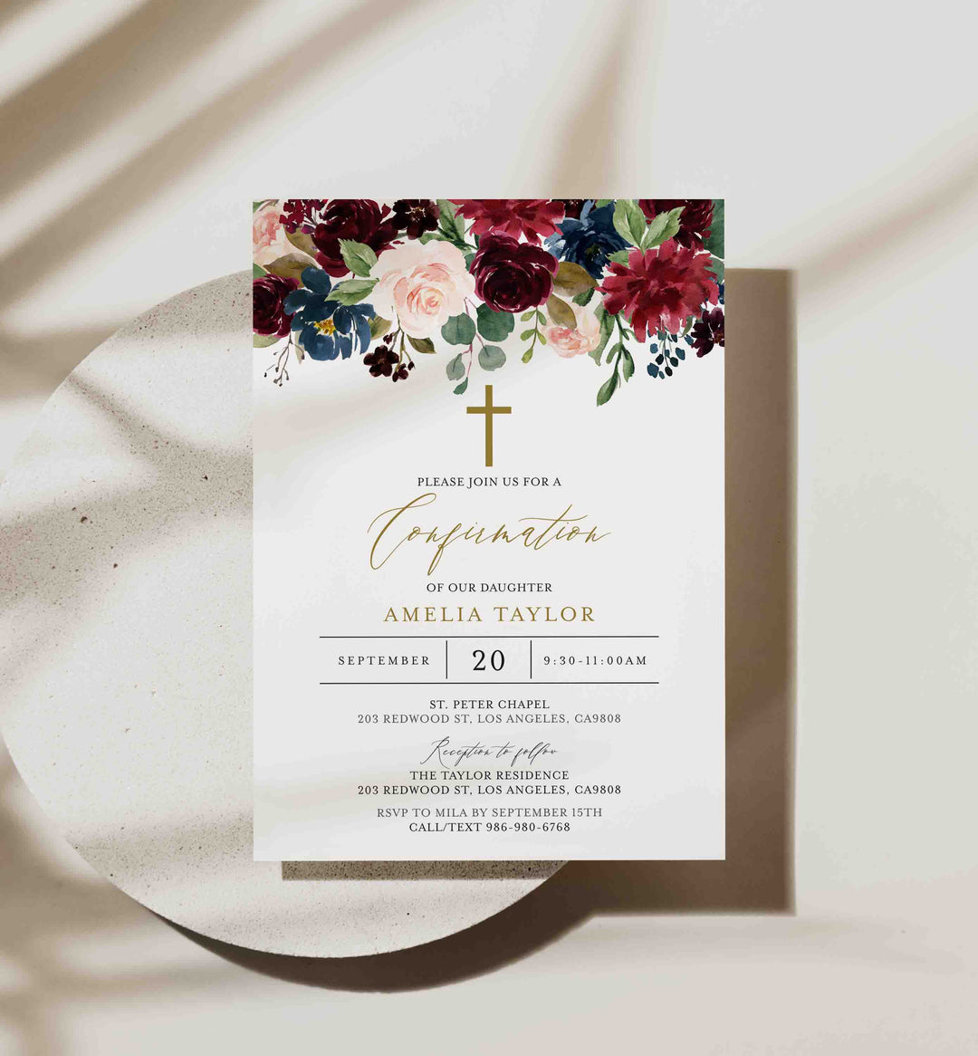 Burgundy Navy Confirmation Invitation Printable