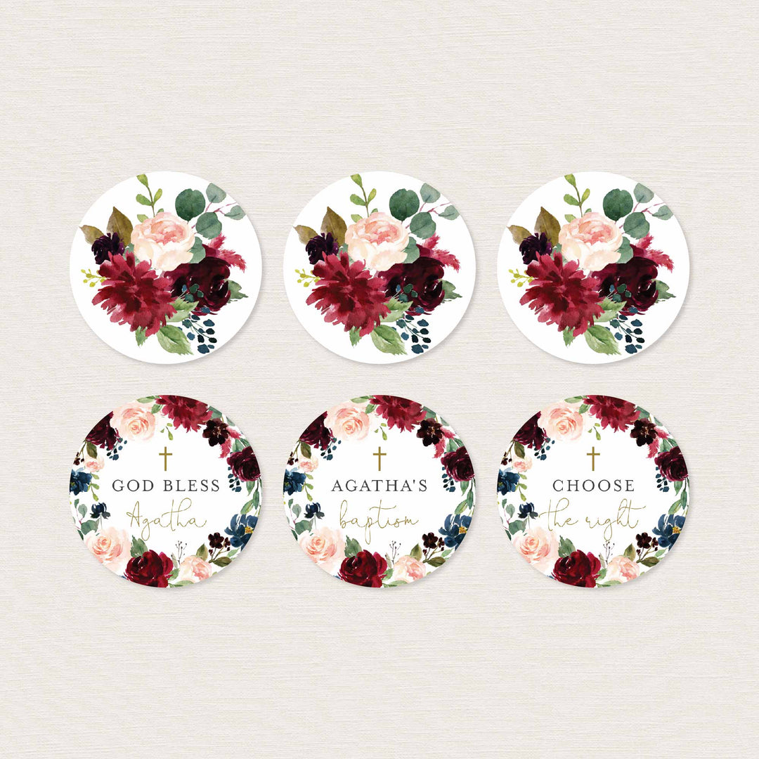 Burgundy Navy Baptism Cupcake Toppers and Cupcake Wrappers Printable