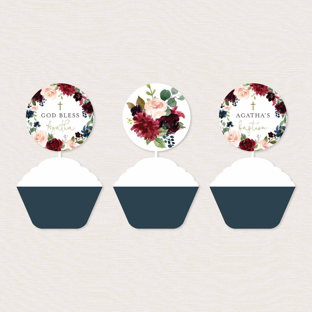 Burgundy Navy Baptism Cupcake Toppers and Cupcake Wrappers Printable