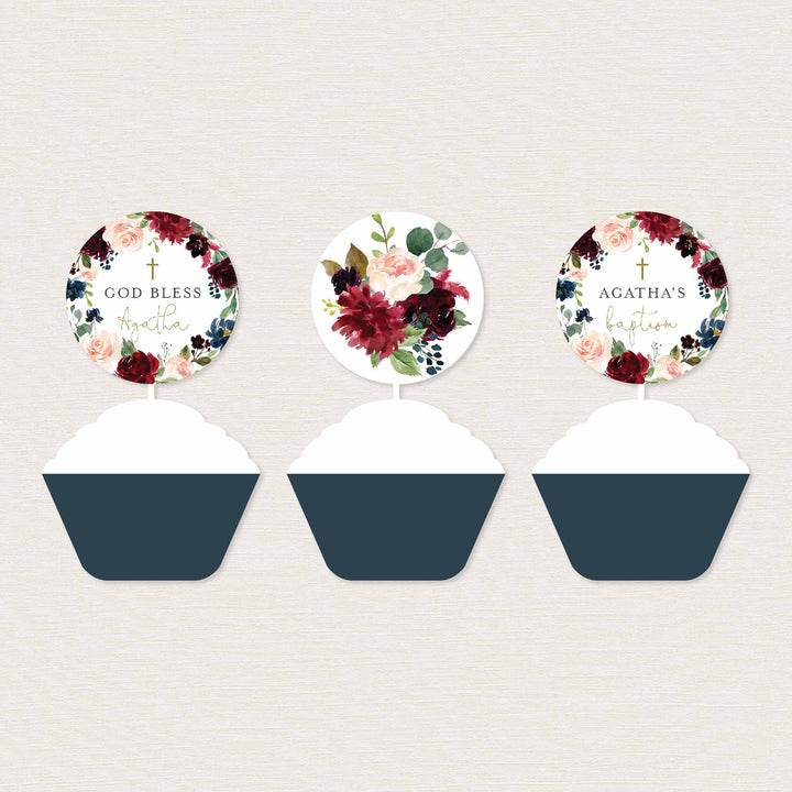 Burgundy Navy Baptism Cupcake Toppers and Cupcake Wrappers Printable