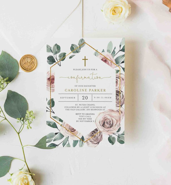 Boho Rose Confirmation Invitation Printable