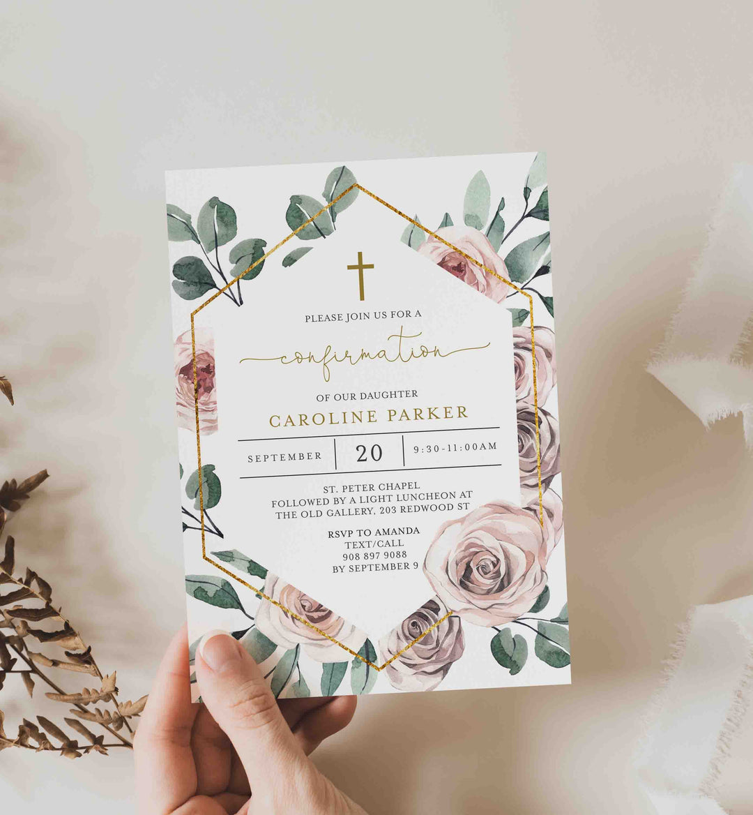 Boho Rose Confirmation Invitation Printable