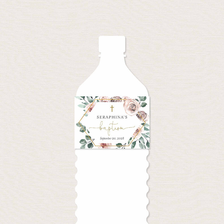 Boho Rose Baptism Water Bottle Label Printable