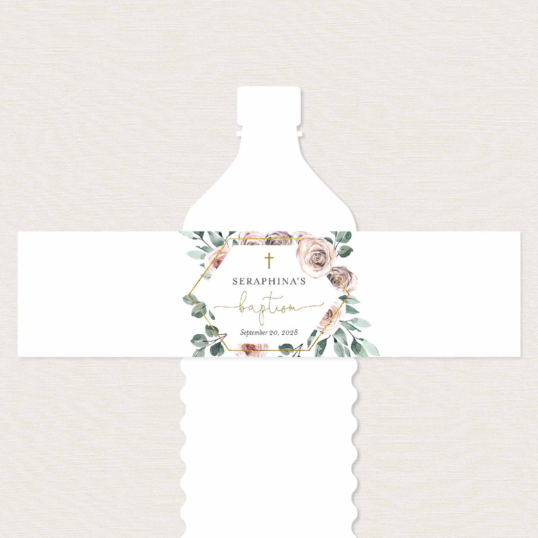 Boho Rose Baptism Water Bottle Label Printable