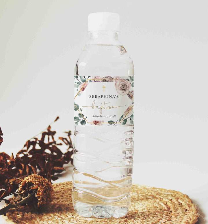 Boho Rose Baptism Water Bottle Label Printable