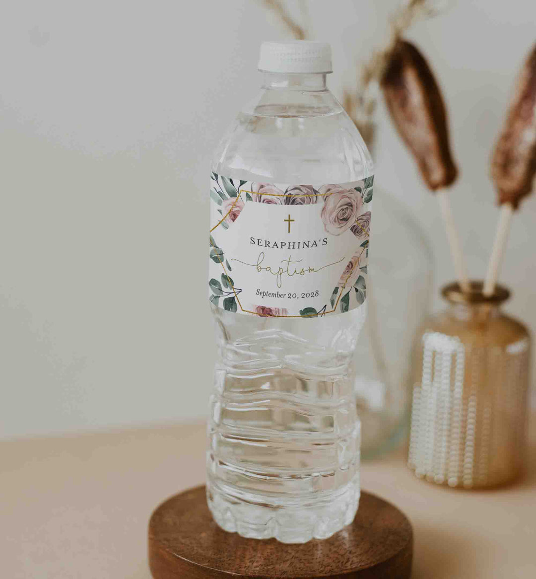 Boho Rose Baptism Water Bottle Label Printable