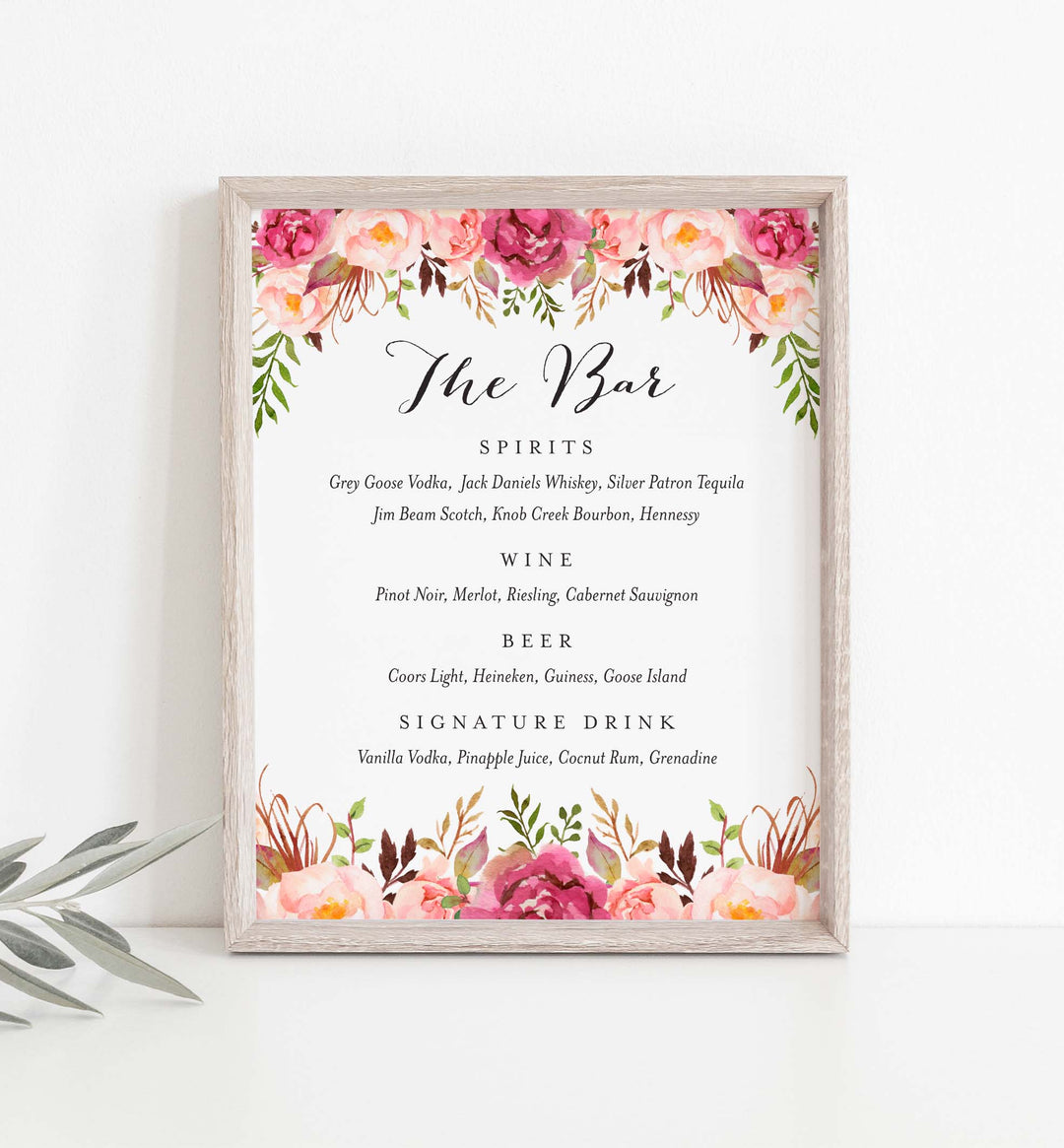 Pink Floral Wedding Bar Menu Sign Printable