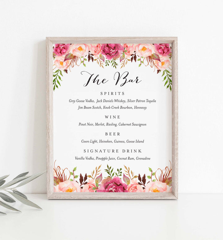 Pink Floral Wedding Bar Menu Sign Printable