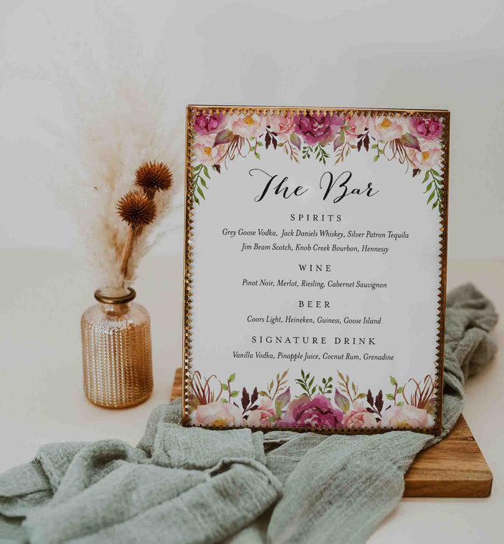 Pink Floral Wedding Bar Menu Sign Printable