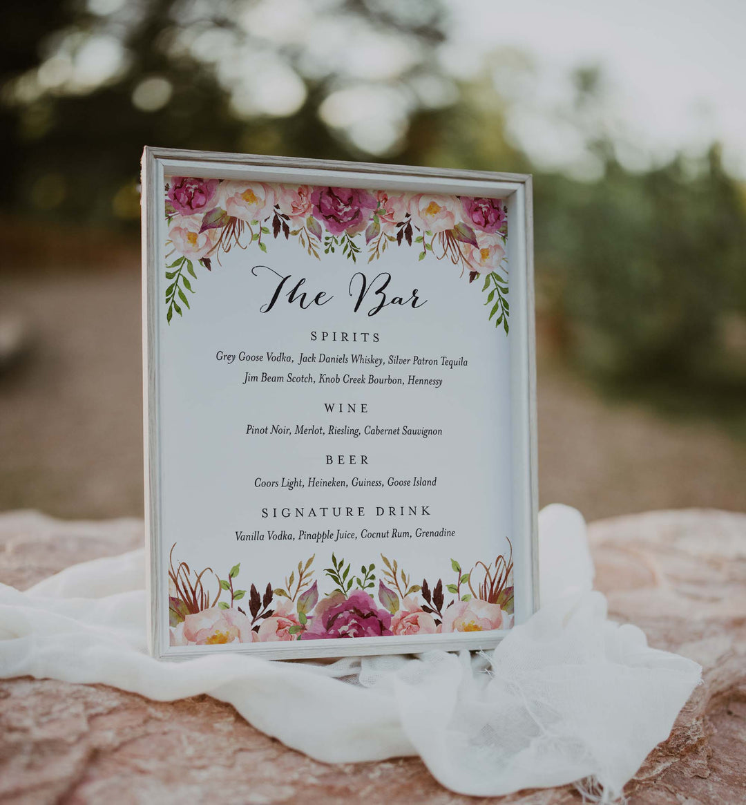 Pink Floral Wedding Bar Menu Sign Printable