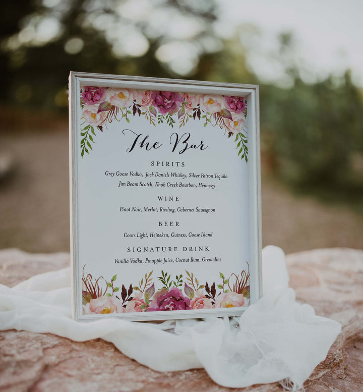 Pink Floral Wedding Bar Menu Sign Printable