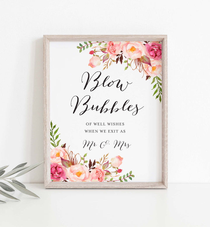 Pink Floral Wedding Blow Bubbles Sign Printable