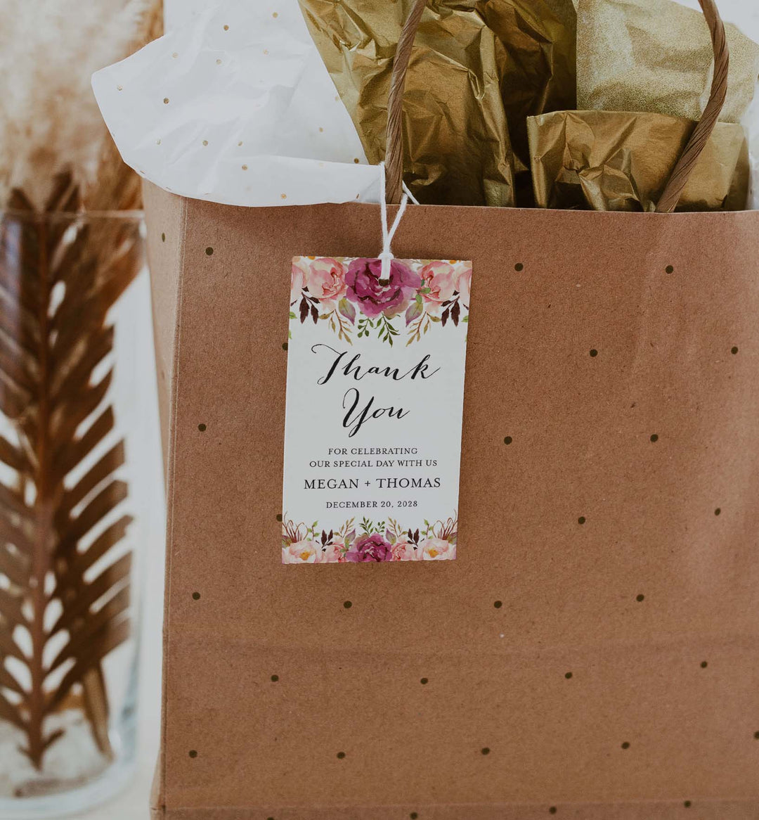 Pink Floral Wedding Favour Tag Printable