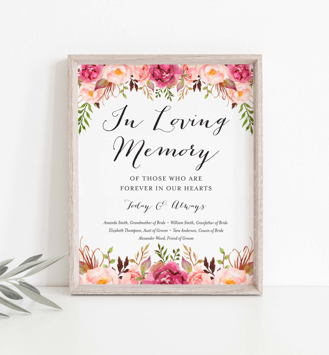 Pink Floral Wedding In Loving Memory Sign Printable