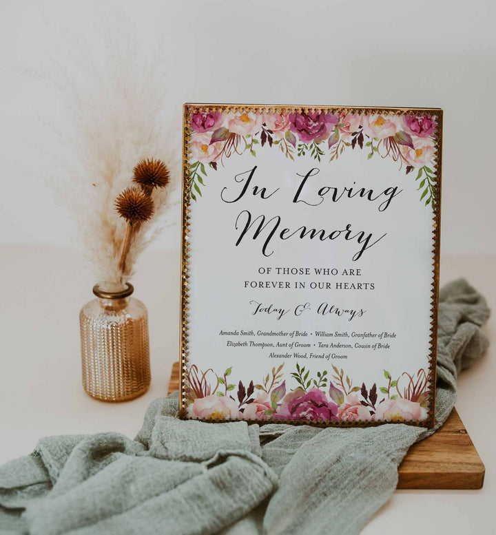 Pink Floral Wedding In Loving Memory Sign Printable