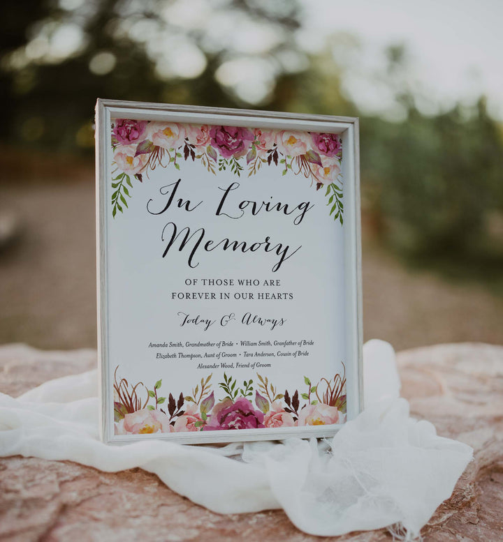 Pink Floral Wedding In Loving Memory Sign Printable