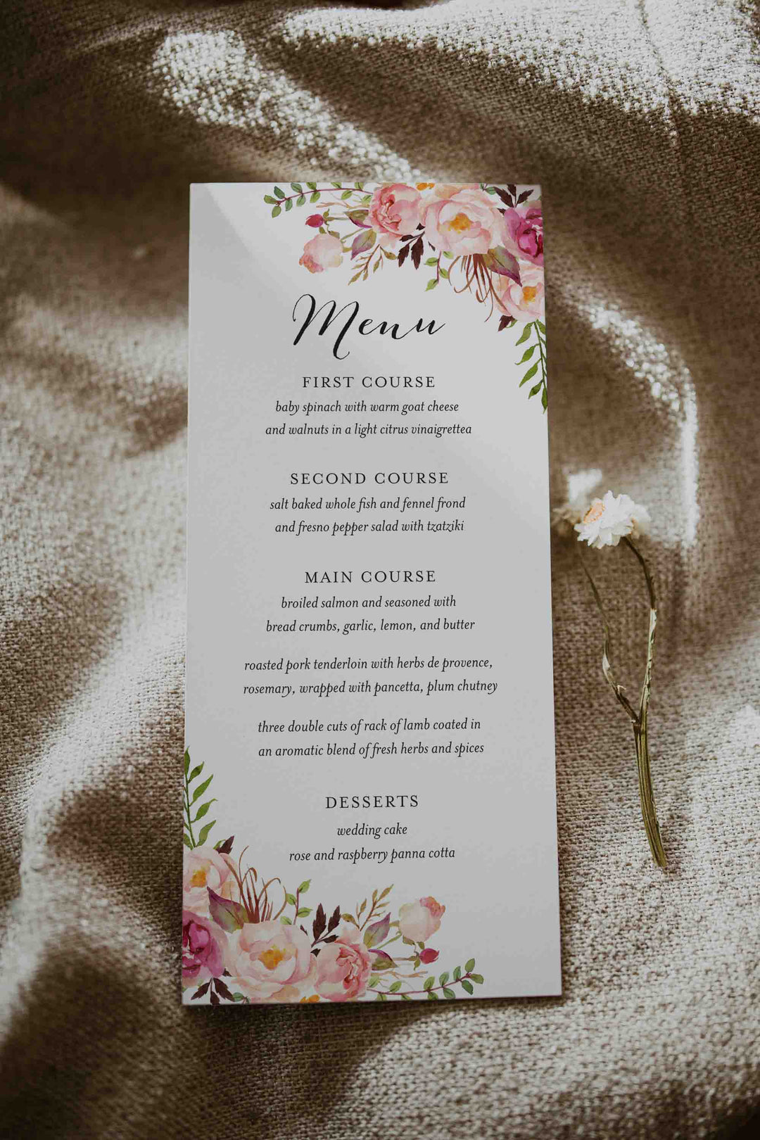 Pink Floral Wedding Menu Card Printable