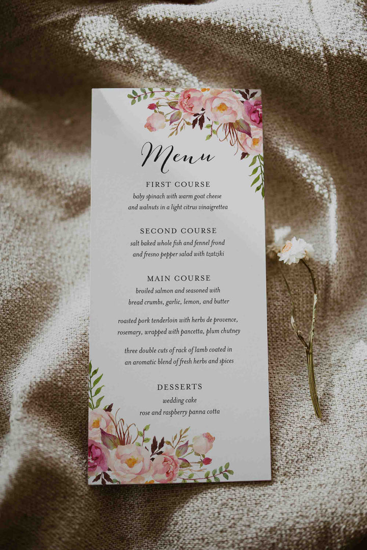 Pink Floral Wedding Menu Card Printable