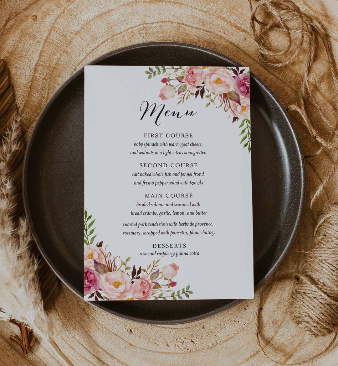 Pink Floral Wedding Menu Card Printable