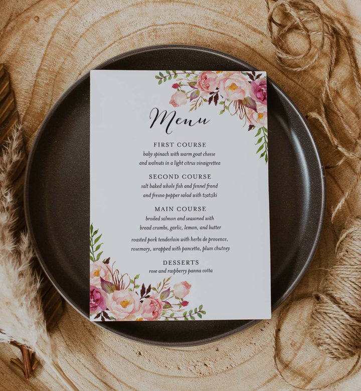 Pink Floral Wedding Menu Card Printable