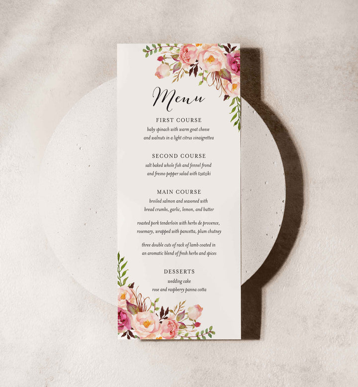Pink Floral Wedding Menu Card Printable