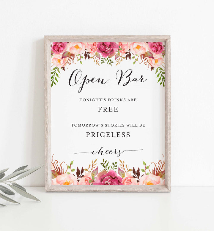 Pink Floral Wedding Open Bar Sign Printable