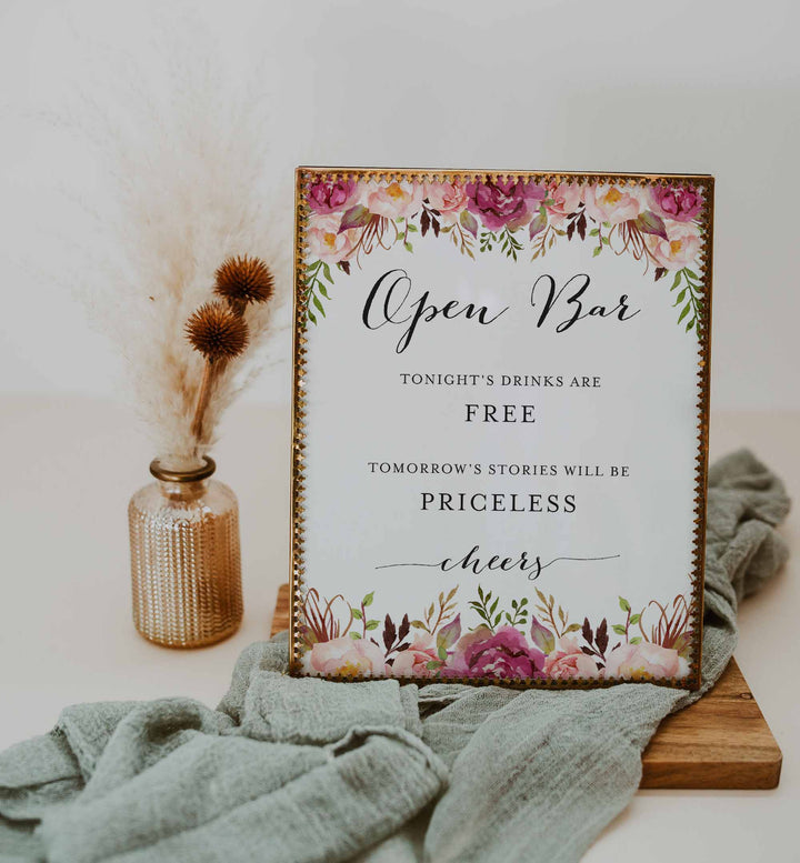 Pink Floral Wedding Open Bar Sign Printable