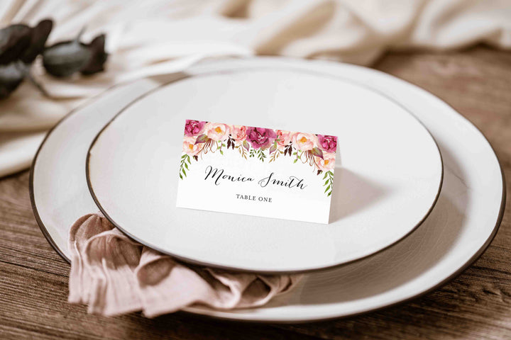 Pink Floral Wedding Place Card Printable