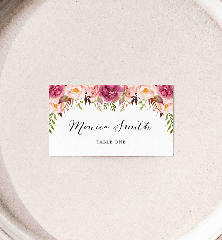 Pink Floral Wedding Place Card Printable