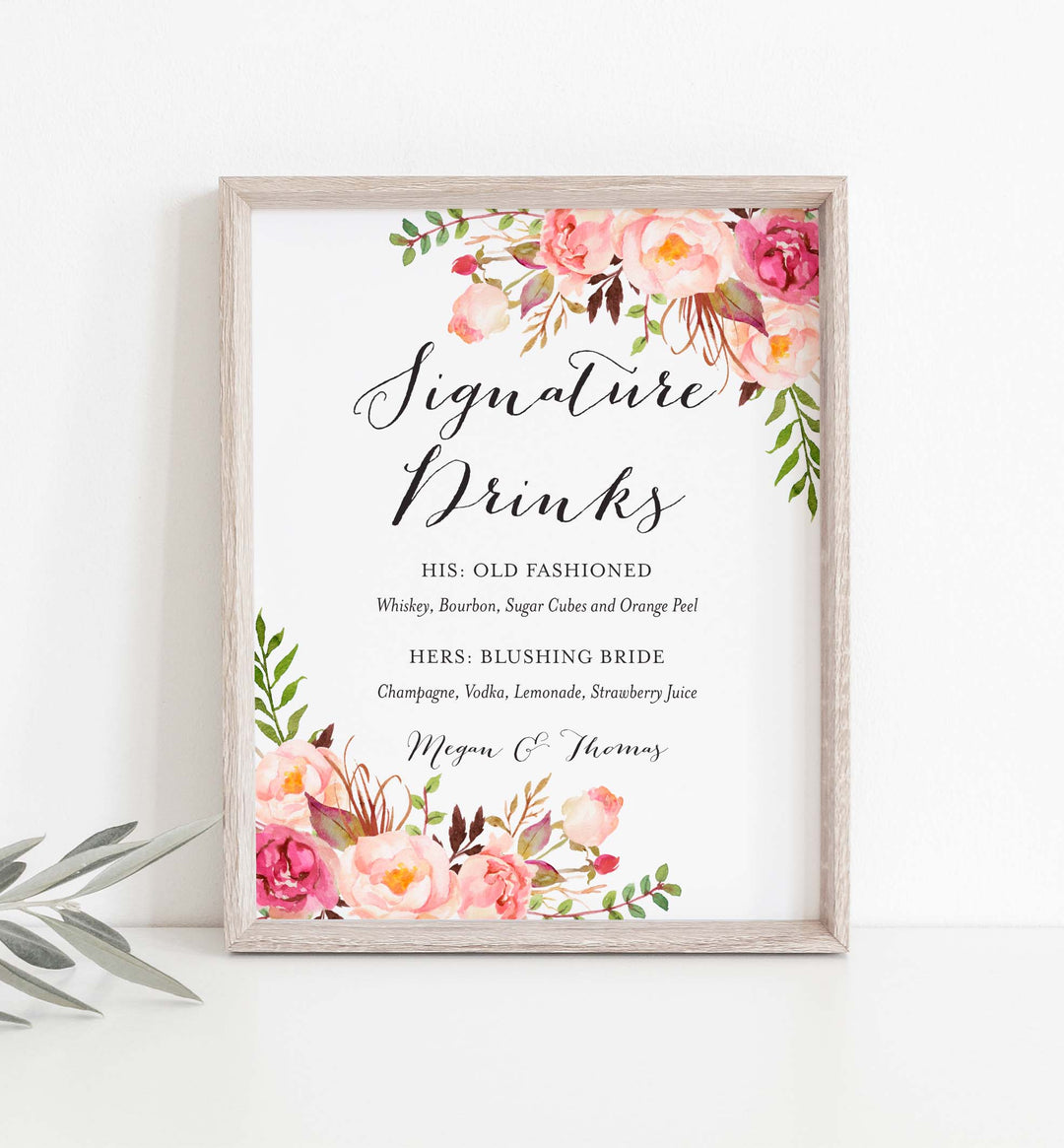Pink Floral Wedding Signature Drinks Sign Printable