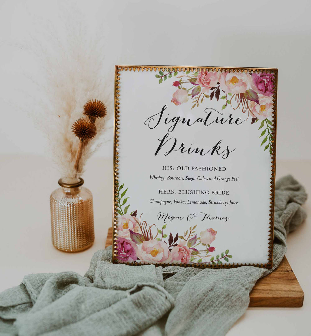 Pink Floral Wedding Signature Drinks Sign Printable
