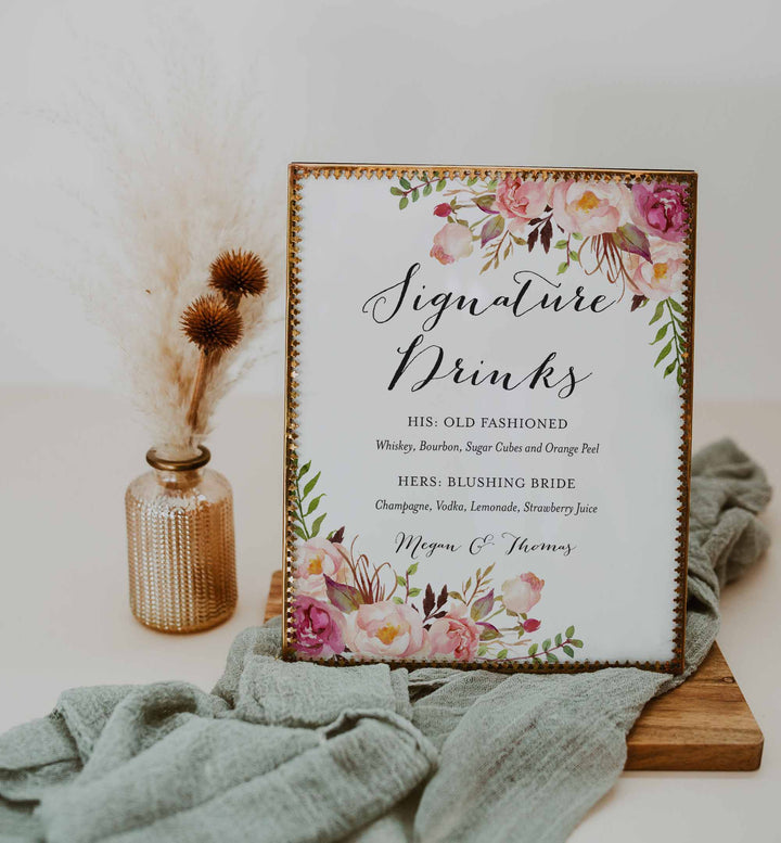 Pink Floral Wedding Signature Drinks Sign Printable