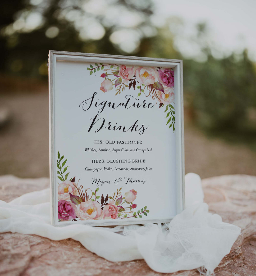 Pink Floral Wedding Signature Drinks Sign Printable