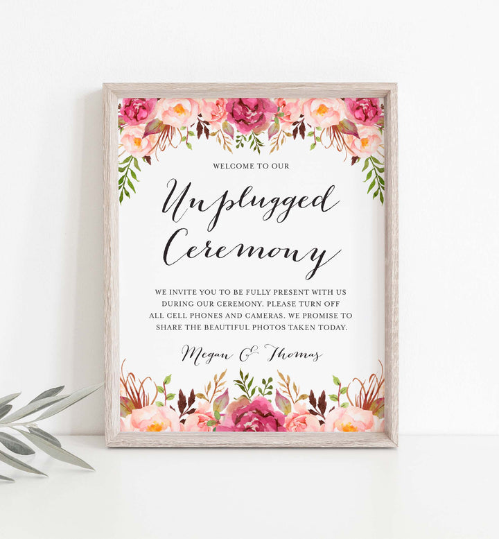 Pink Floral Wedding Unplugged Ceremony Sign Printable