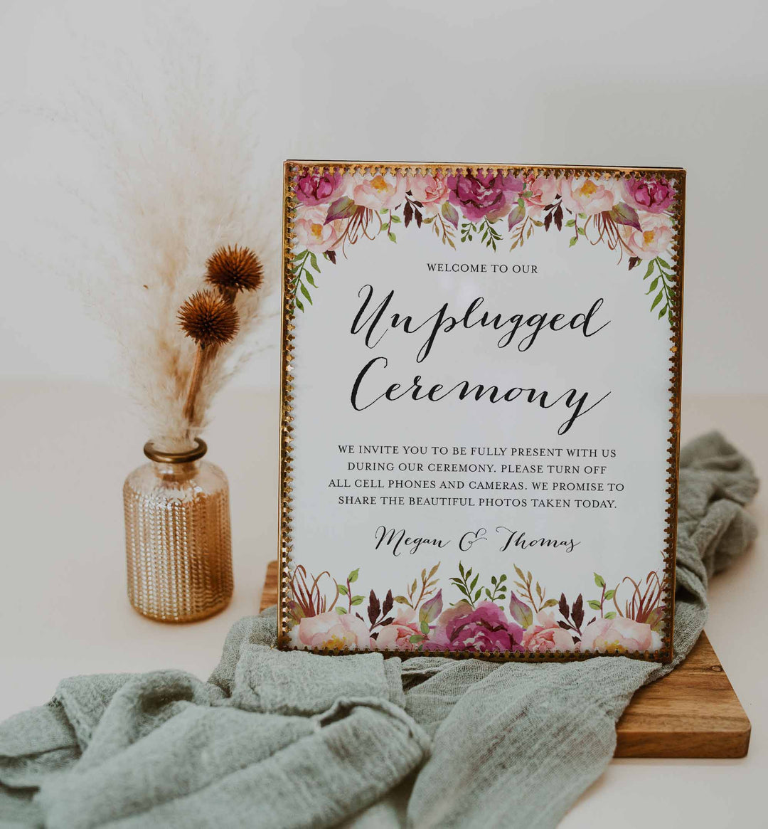 Pink Floral Wedding Unplugged Ceremony Sign Printable