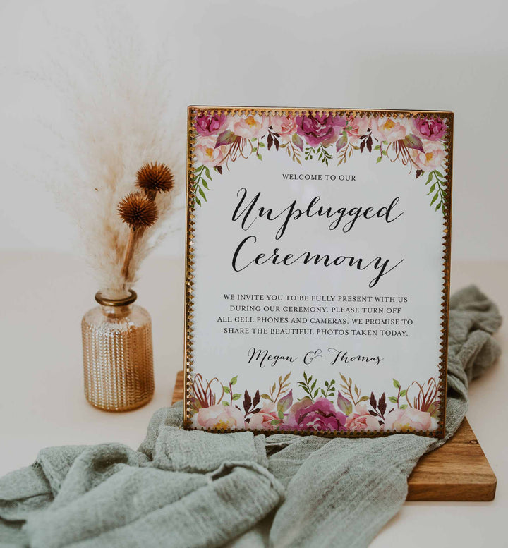Pink Floral Wedding Unplugged Ceremony Sign Printable
