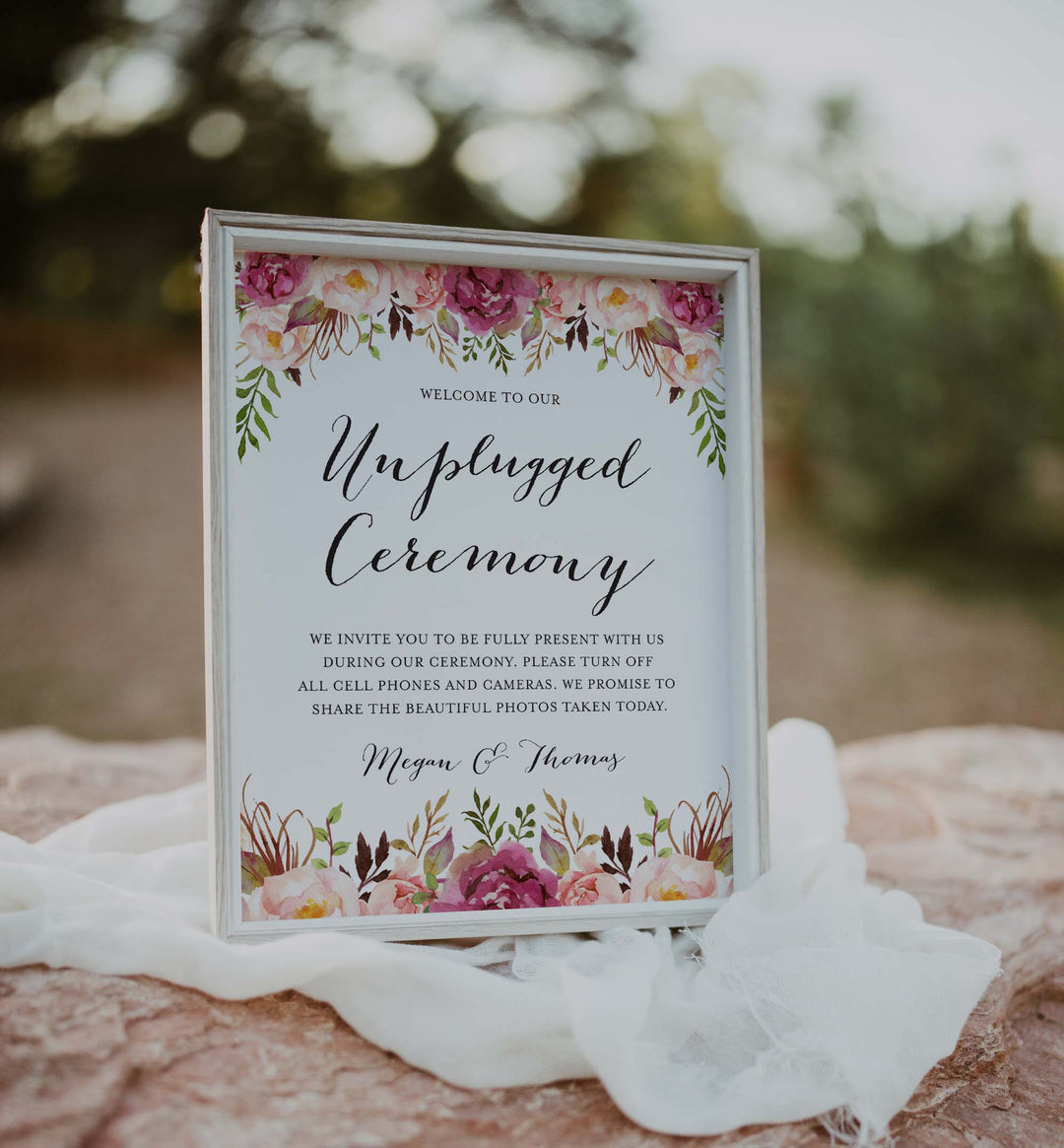 Pink Floral Wedding Unplugged Ceremony Sign Printable