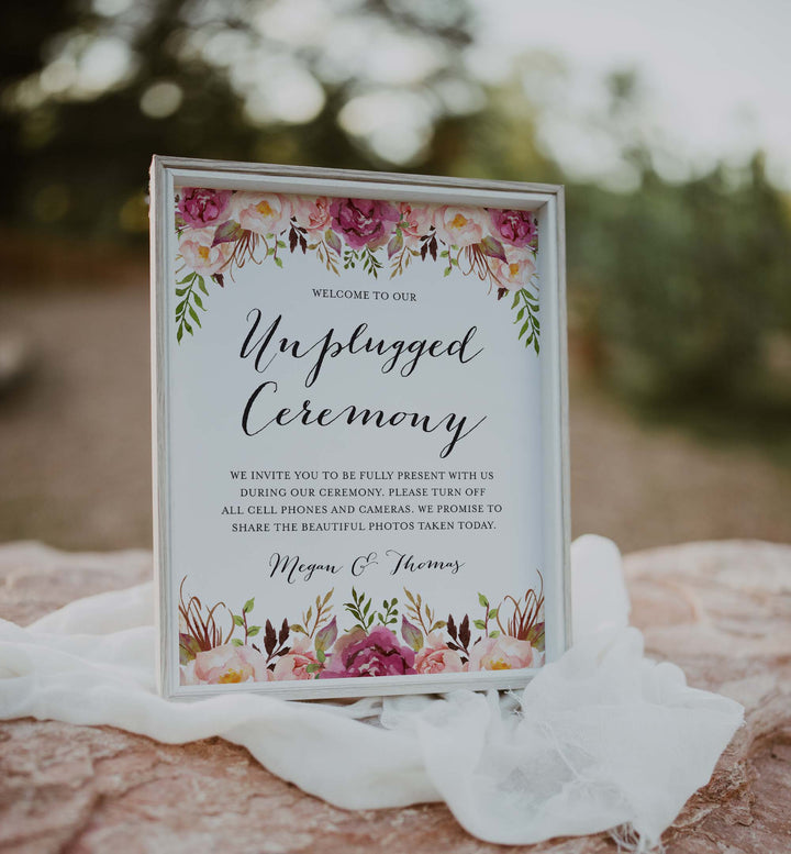 Pink Floral Wedding Unplugged Ceremony Sign Printable