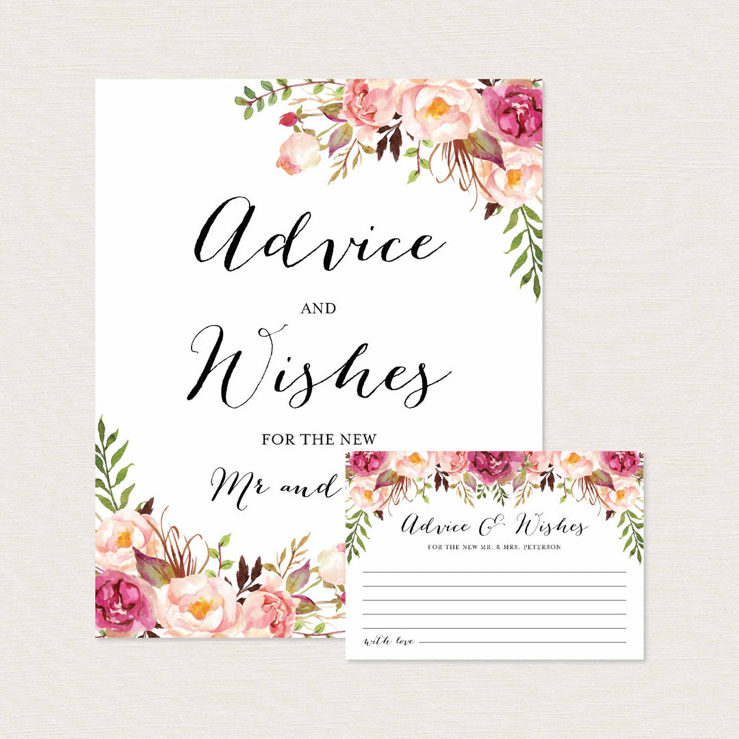 Pink Floral Wedding Advice and Wishes Printable