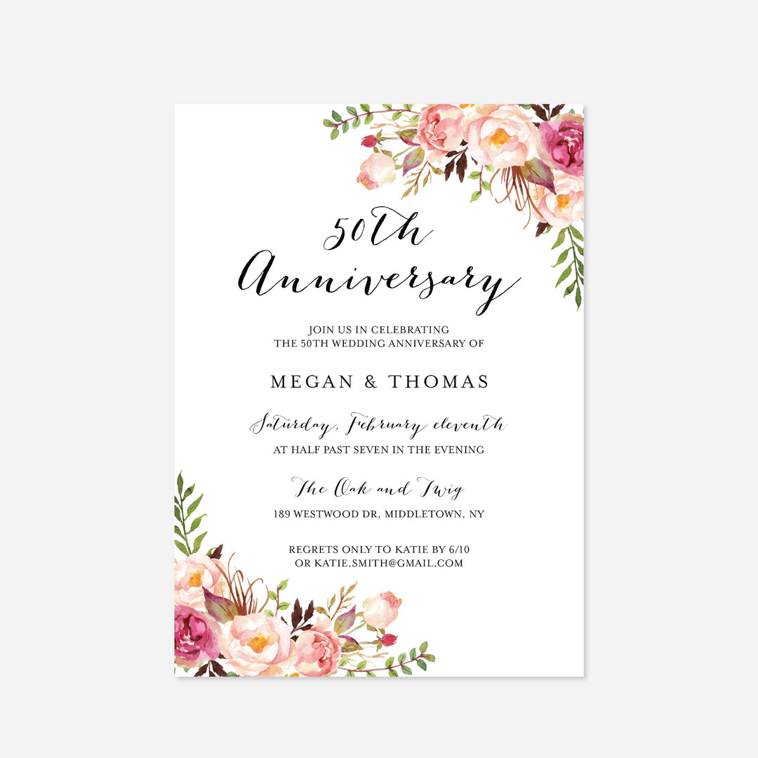 Pink Floral Wedding Anniversary Invitation Printable