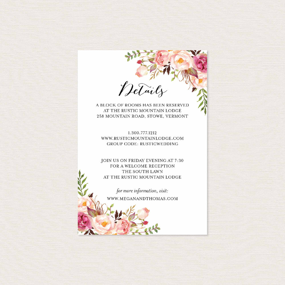 Pink Floral Wedding Details Card Printable