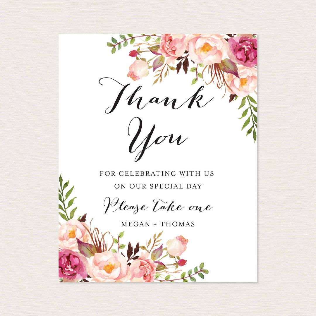 Pink Floral Wedding Favours Sign Printable