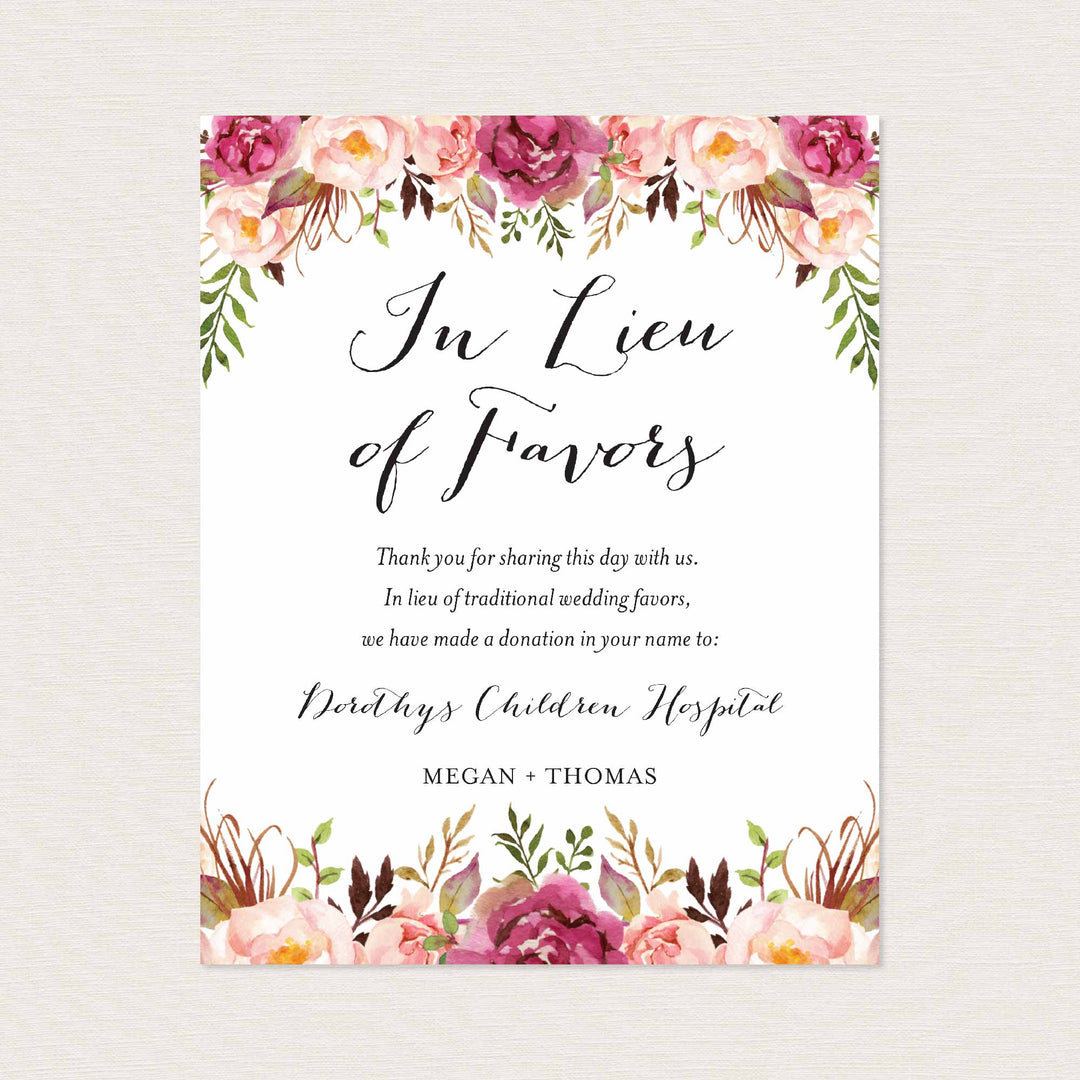 Pink Floral Wedding In Lieu Of Favours Sign Printable