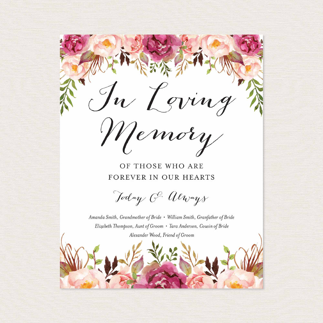 Pink Floral Wedding In Loving Memory Sign Printable