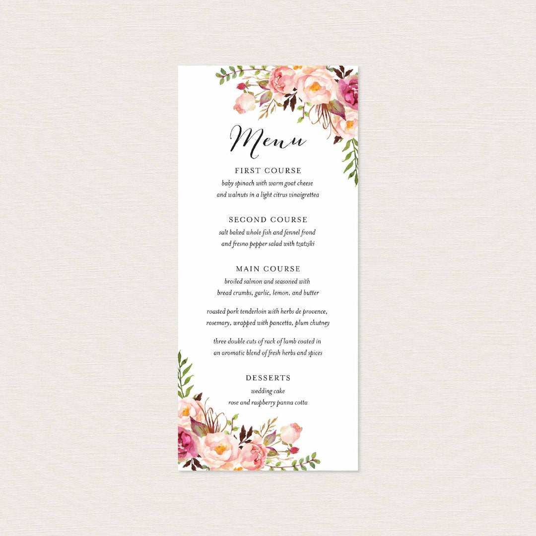 Pink Floral Wedding Menu Card Printable