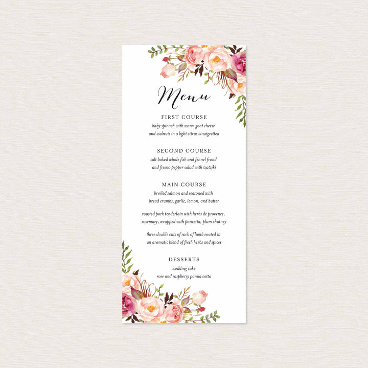 Pink Floral Wedding Menu Card Printable