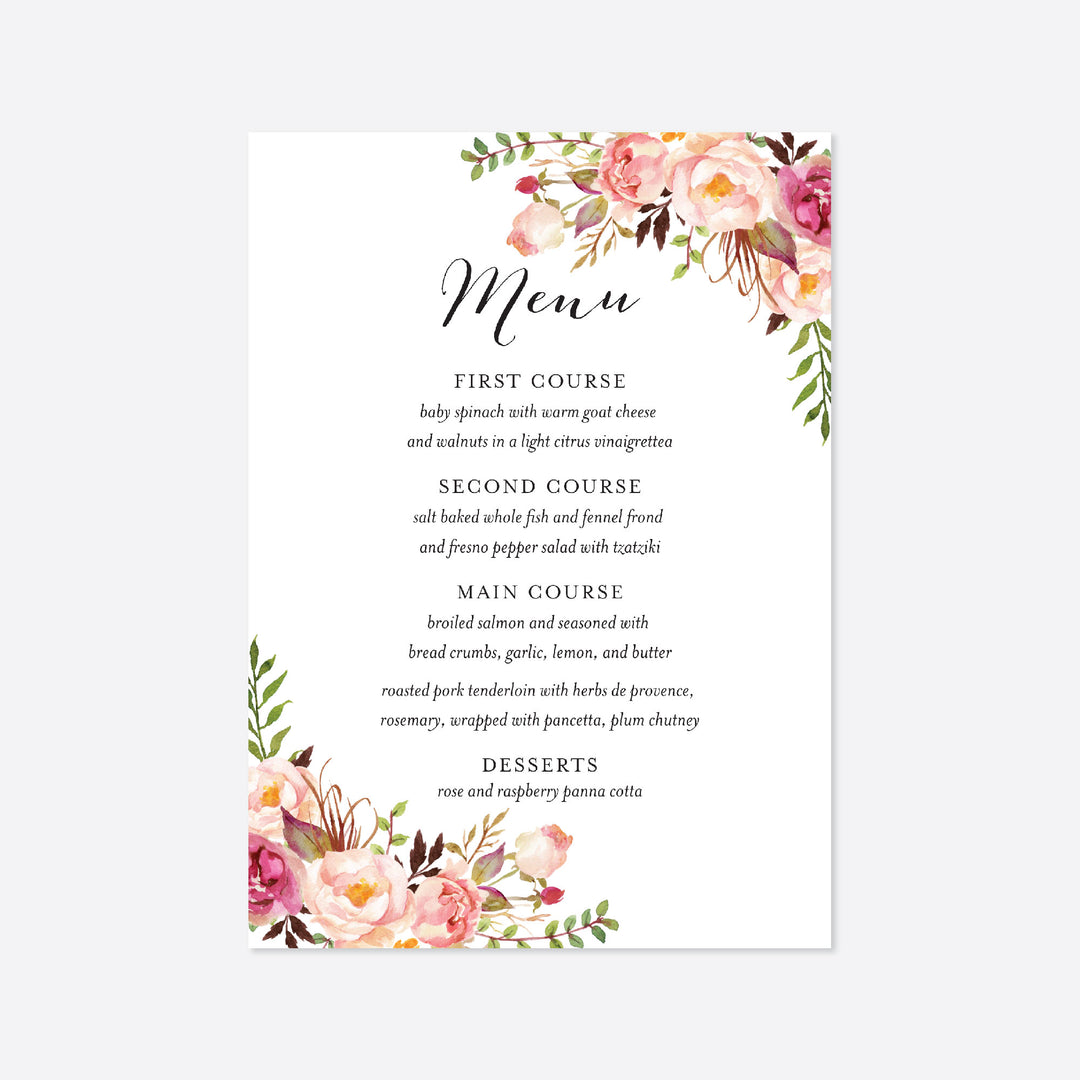 Pink Floral Wedding Menu Card Printable